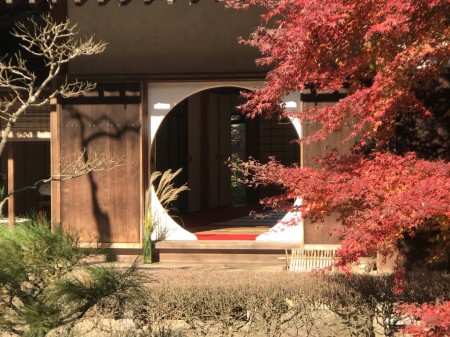 明月院の方丈内の円窓と紅葉